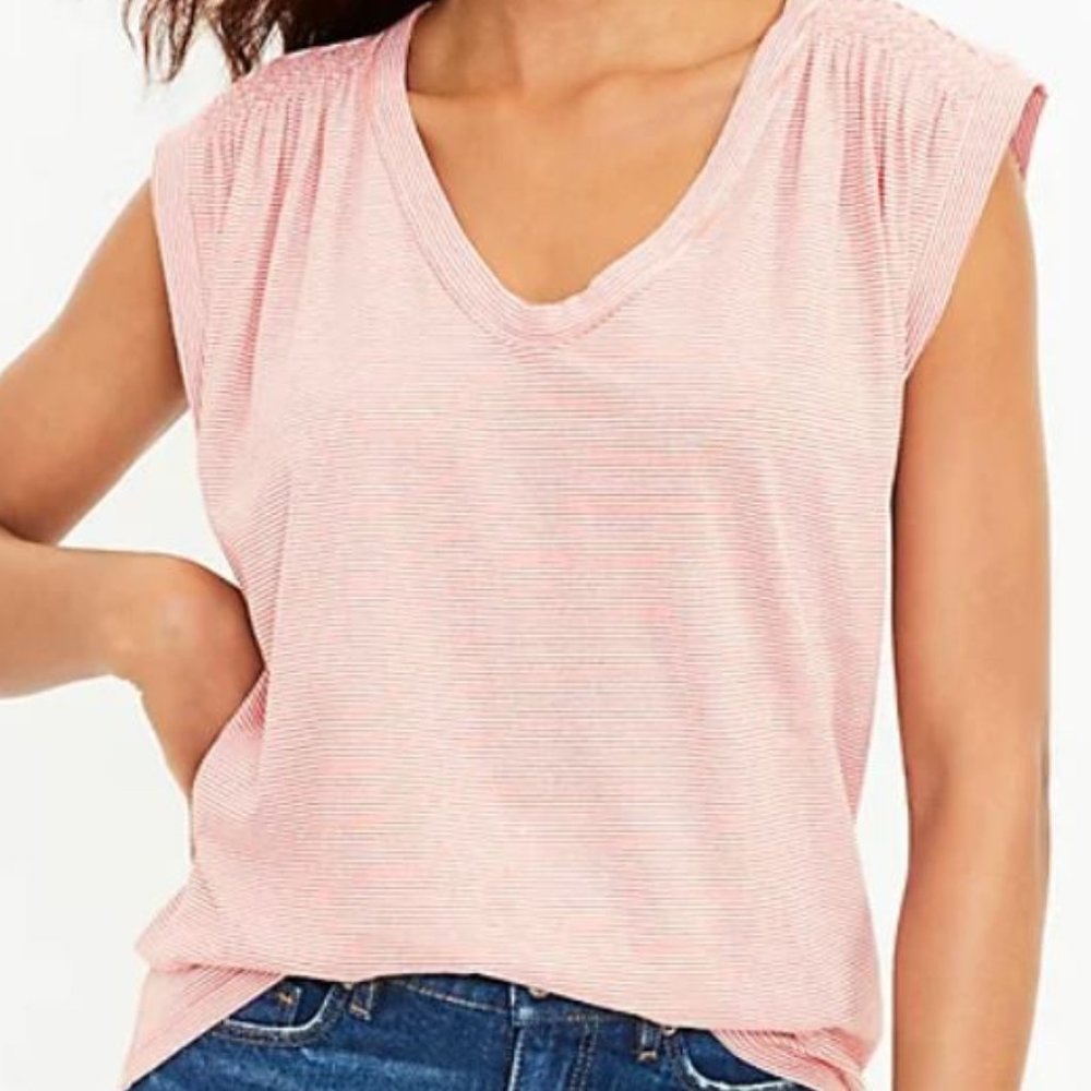 LOFT Striped Smocked V-Neck Muscle Tee